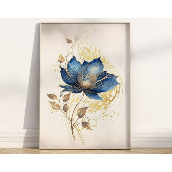 Blue Flower Wall Art Print Botanical Painting Boho Housewarming Gift Nature Simple Floral Home Decor Abstract Gold Filigree Leaf Royal Blue Wall Art, Modern Wall Decor, 8x12 UNFRAMED