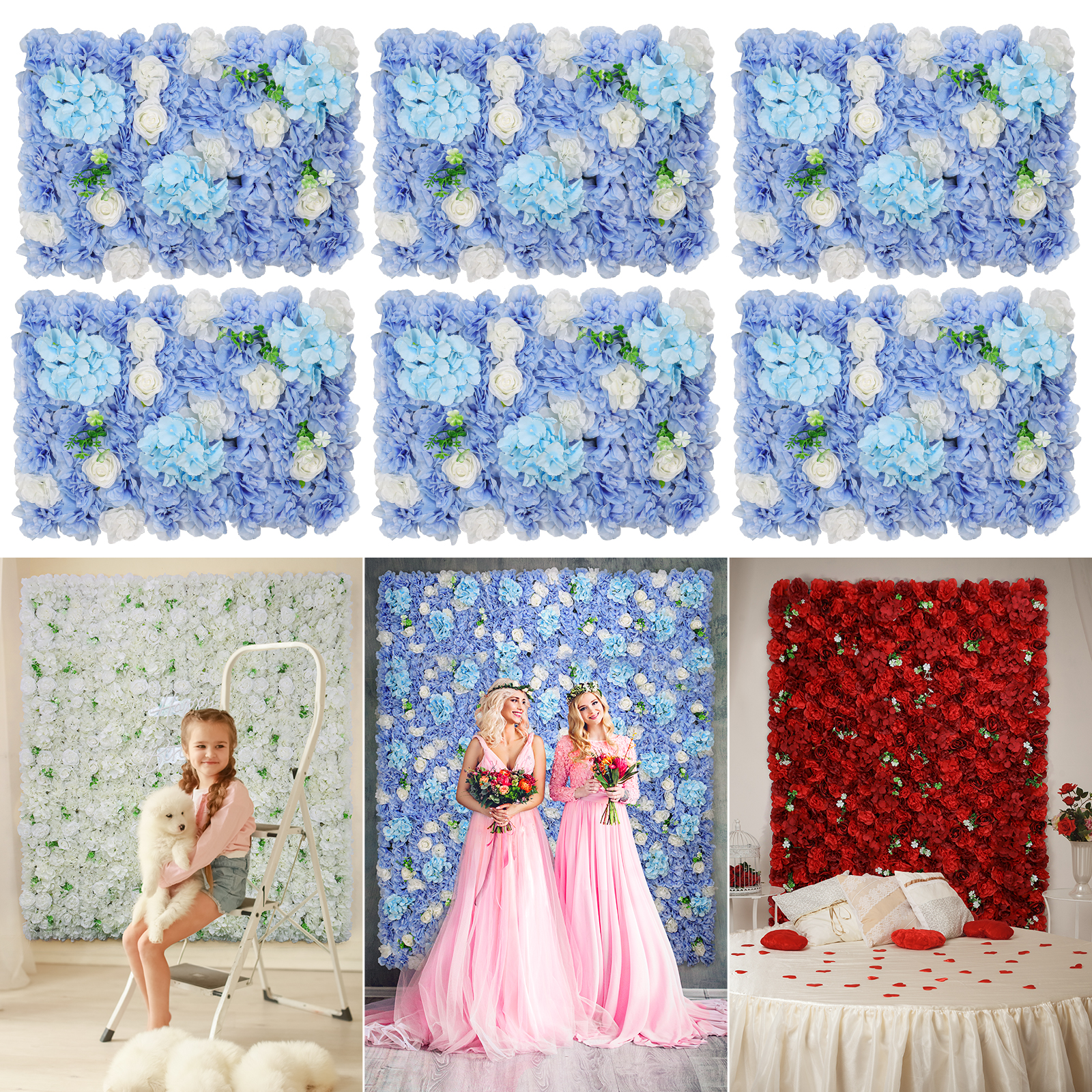 Blue Flower Wall Panels Backdrop Decor 6 Pcs Artificial Floral