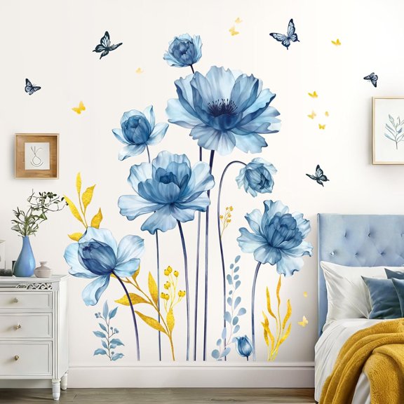 Blue Flower Wall  Peel and Stick, Vinyl  Leaves Wall Sticker, Wall Decor Art for Living Room Sofa TV Background Bedroom
