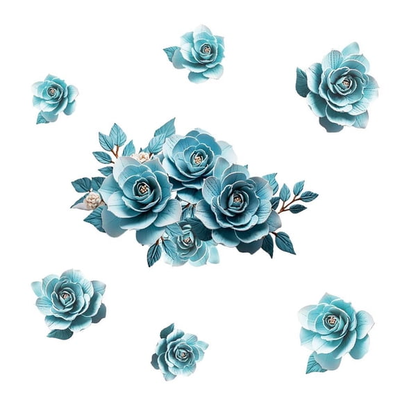 Blue Flower Wall Stickers 3D Flowers Wall Decal with Branches Leaves Vinyl Wall Decor