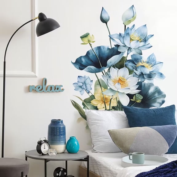 Blue Flower Wall Stickers Floral Butterfly Peel and Stick Wall Art Decals for Living Room Bedroom TV Wall  TV wall decals, children's room stickers, bathroom waterproof decals Peel and Stick