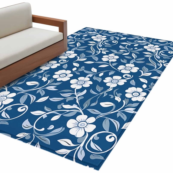 Blue Flower Washable Area Rug 4 x 6 ft Country Retro Pastoral Floral ...