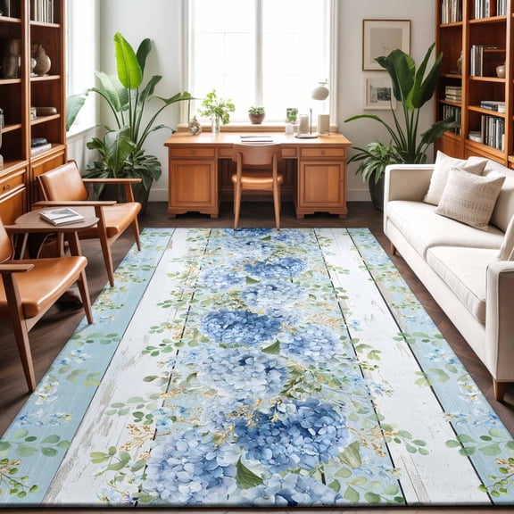 Blue Flower Washable Area Rug 9 x 12 ft Summer Country Hydrangea Floral Blue Wood Grain, Soft Non Slip Rugs Stain Repellent Indoor Felt Carpet for Living Dining Room Bedroom Home Office