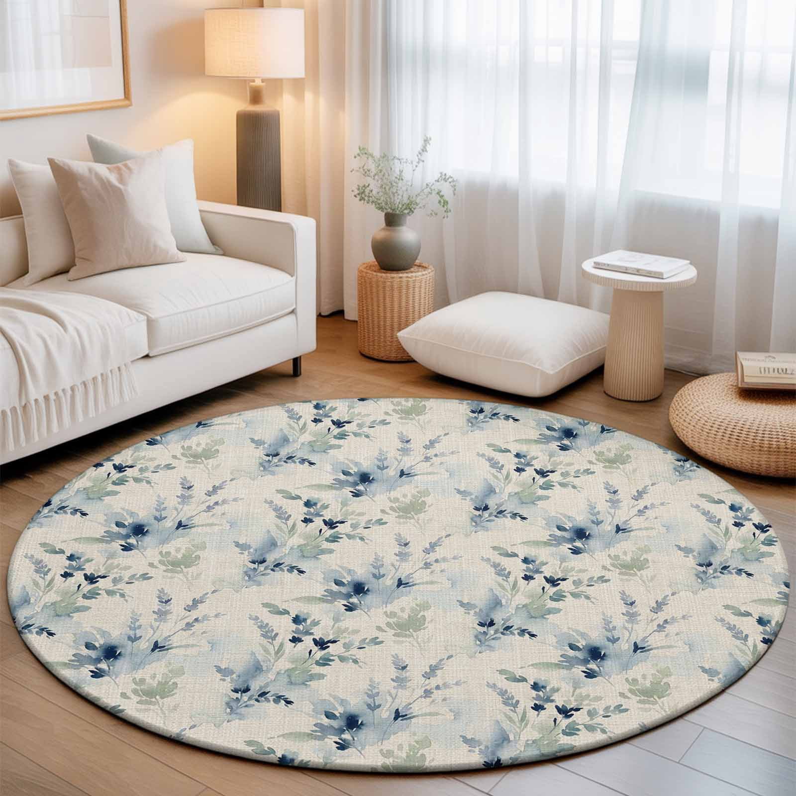Blue Flower Washable Round Area Rug 3 ft, Summer Country Blue Lavender ...
