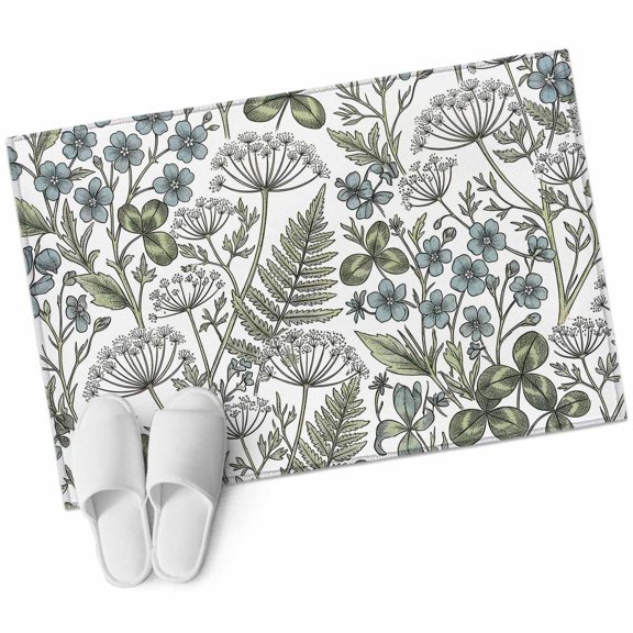 Blue Flower Washable Small Entryway Area Rugs 2'x3', Green Leaf Spring Wildflowers Country Minimalist Low Pile Throw Rug Non-Slip Sturdy Edge Binding Carpet for Front Door Floor Room Entry