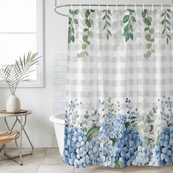 Blue Flower Waterproof Fabric Shower Curtain,Grey Plaid Hydrangeas Eucalyptus Leaves Waterproof Fabric Shower Curtain for Bathroom Curtains Bathtubs Hotel Shower Curtains with 12 Hooks Standard 60x72