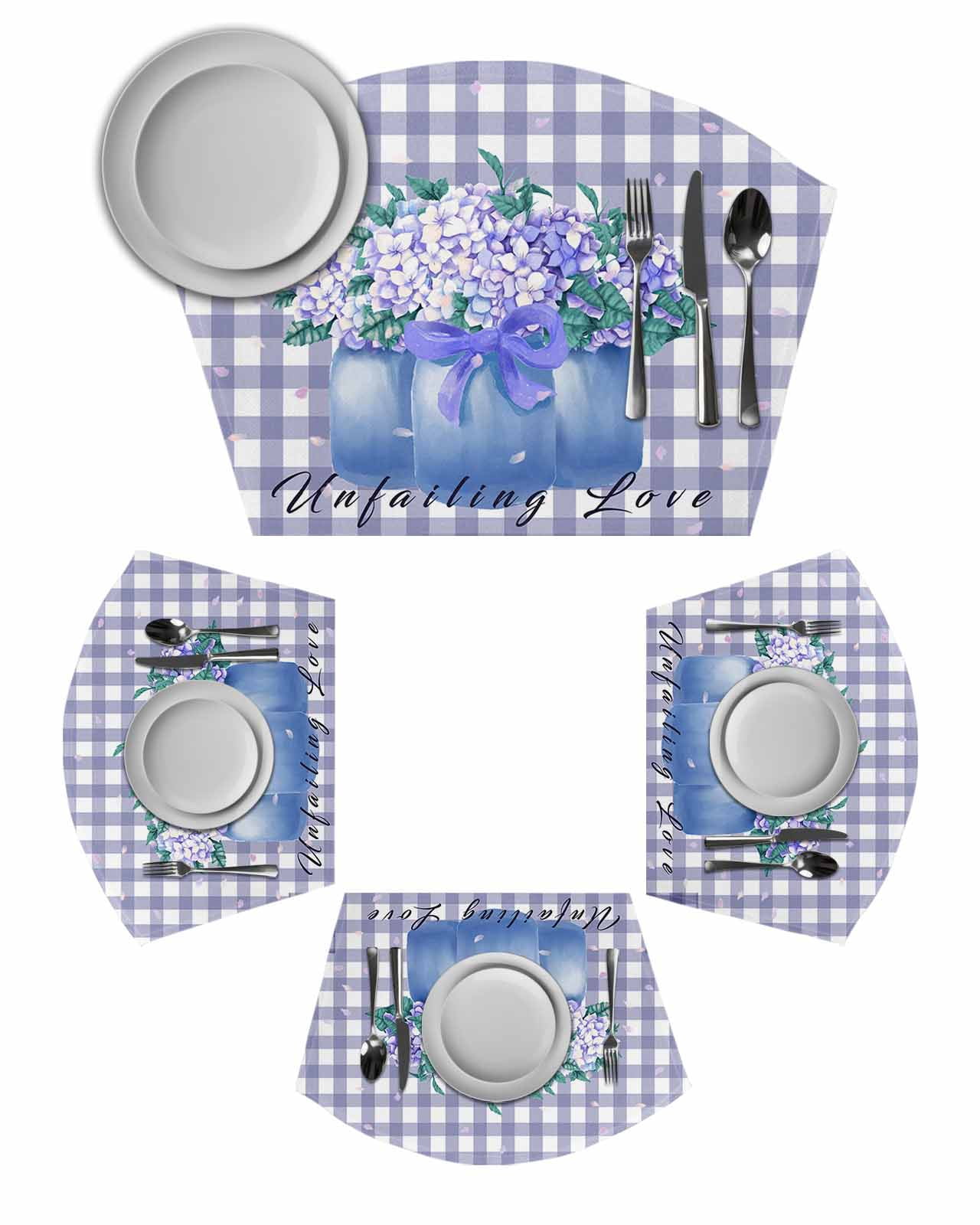 Blue Flower Wedge Shaped Placemats Set of 2, Cotton Linen Fan Place ...