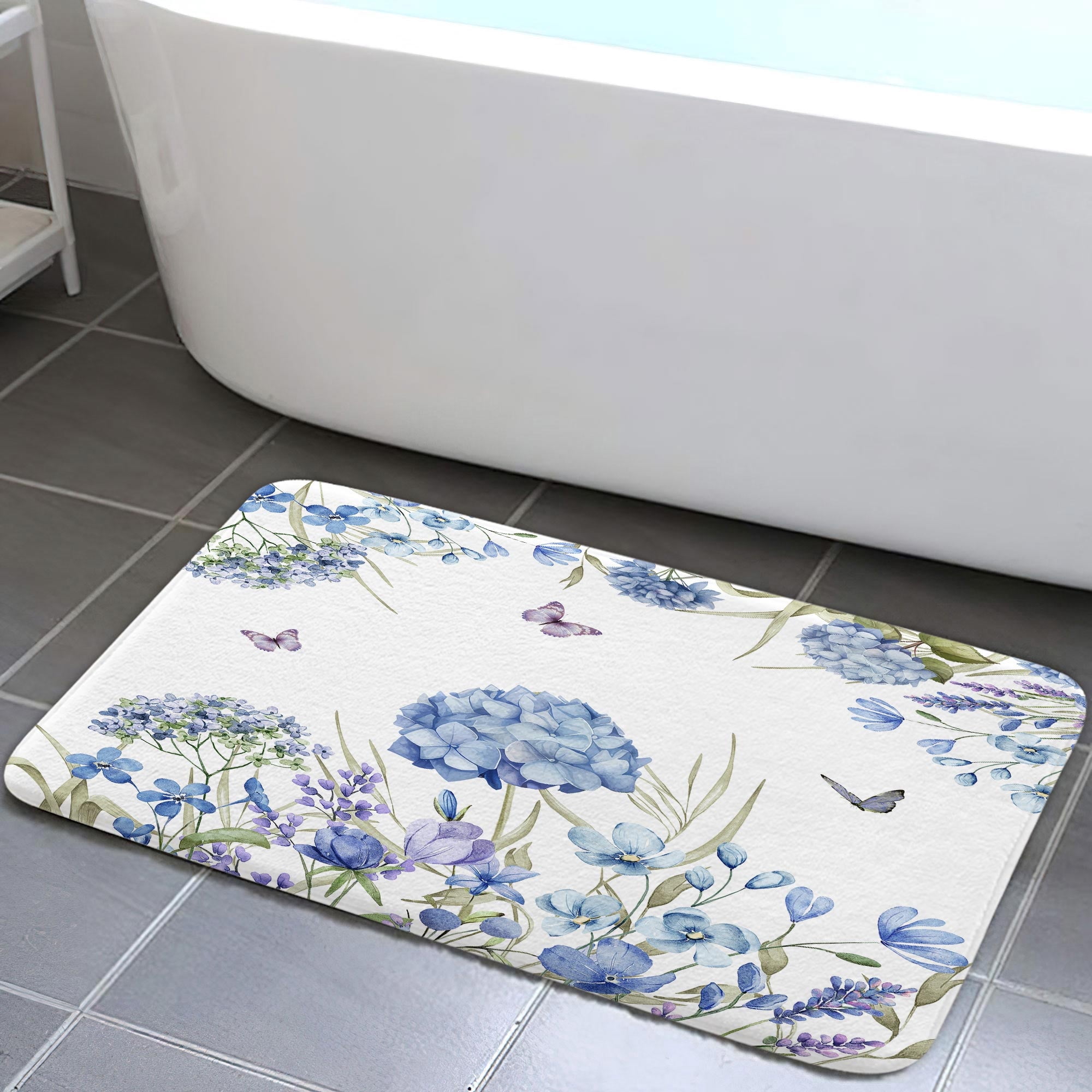 Naturestep Rug Butterfly Watercolor Floral Non-Slip Bath Rug Mat - Blue Wildflower Indoor ...