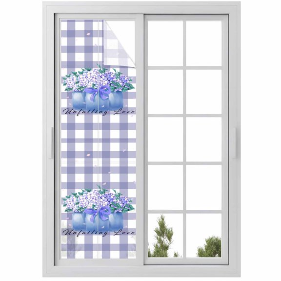 Blue Flower Window Privacy Film, Green Leaves Rustic Plaid Purple Static Cling UV Sun Blocking Heat Control Window Tint Day and Night, Non-Adhesive One Way Windows Privacy Cover 17.7''x78.7''