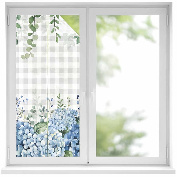 Blue Flower Window Privacy Film, Grey Plaid Hydrangeas Eucalyptus Leaves Static Cling UV Sun Blocking Heat Control Window Tint Day and Night, Non-Adhesive One Way Windows Privacy Cover 17.7''x39.3''