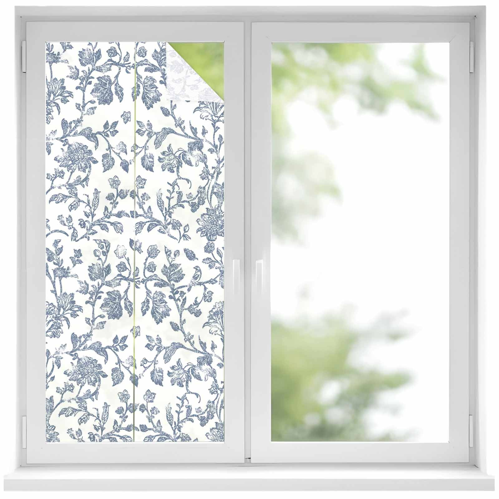 Blue Flower Window Privacy Film, Vintage Farmhouse Boho Leaf Spring ...