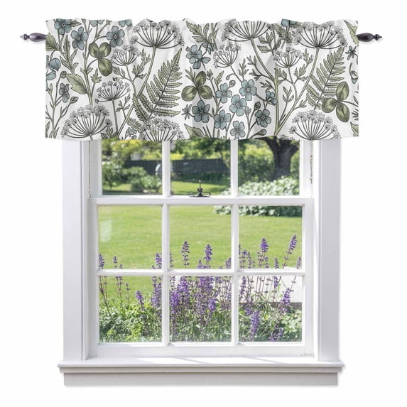 Blue Flower Window Valance for Kitchen, Green Leaf Spring Wildflowers ...