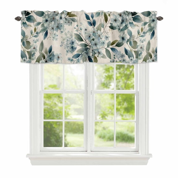 Blue Flower Window Valance for Kitchen, Watercolor Spring Blue Floral Green Leaf Botanical Linen Texture Rod Pocket Short Curtain for Small Windows, Light Filtering Decorative Valance, 54 x 18 Inch