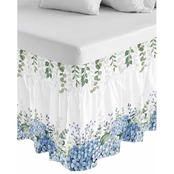 Blue Flower Wrap Around Bed Skirts for King Bed 16" Drop,Bed Skirt with Adjustable Elastic Belt Dust Ruffle Bed Valance for Bedroom Hotel Sage Green Eucalyptus Leaves Farm Plant Bed Frame Cover