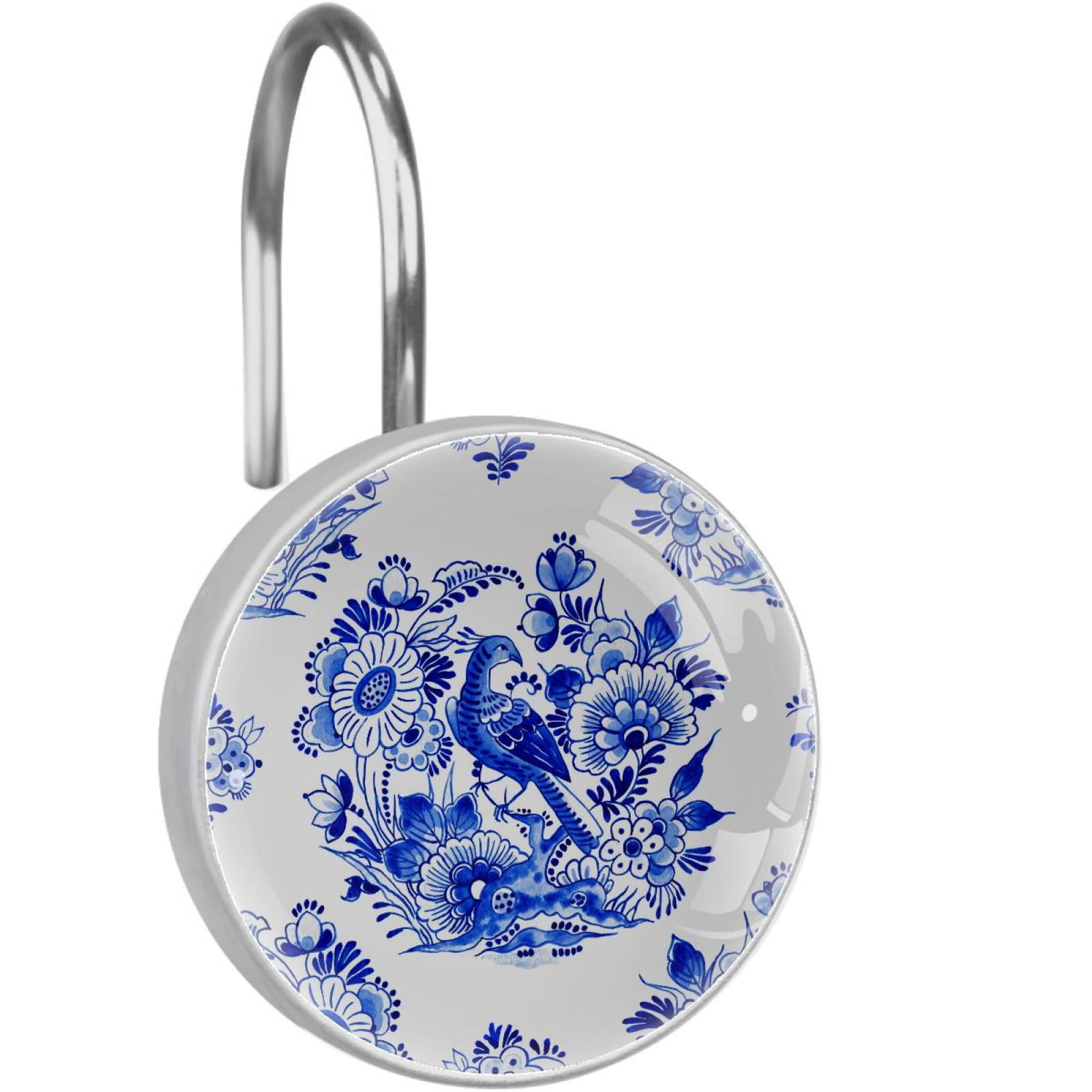 Blue Flower and Bird Shower Curtain Hooks（Set of 12）for Home Hotel Shower Rods Bathroom Crystal Glass Print Stainless Steel Round Curtain Hooks