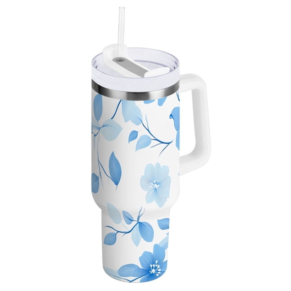 Blue Flower and Leaf Tumbler with Handle and Straw Lid 40 oz Insulated Vacuum Water Bottle Stainless Steel Travel Cup
