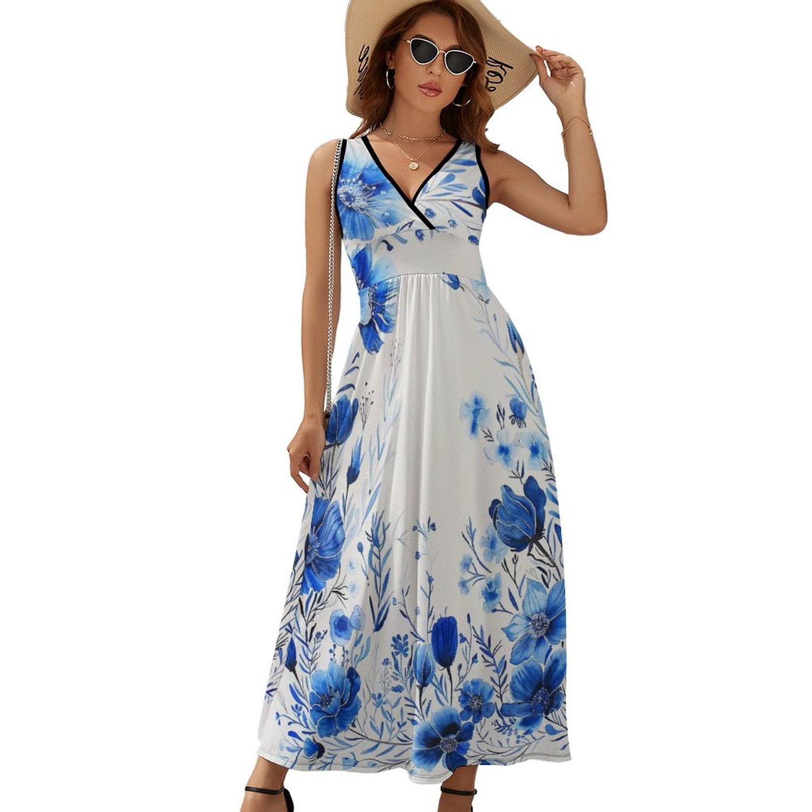 Wenrine Women's Lake Blue Floral Boho  Shirt Dresses