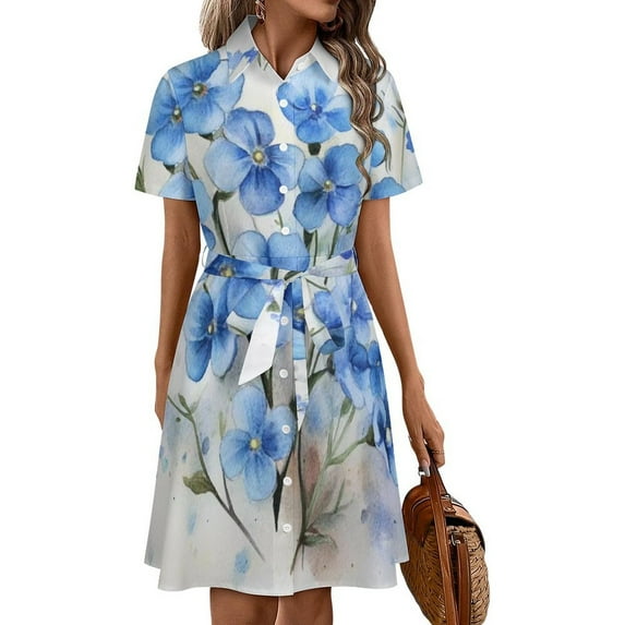 Blue FlowerWatercolor Womens Shirt Dresses Women'S Short Sleeve Dress Turn-Down Collar Dress A Line Casuall Dress Oversize(XS-6XL)