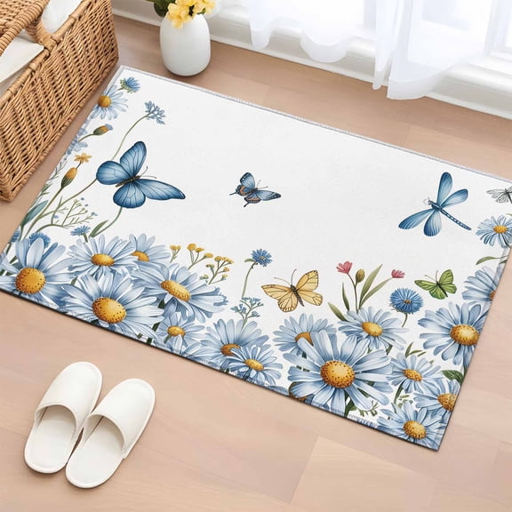 Blue Flowers 2'x3' Rug for Entryway Front Door Kitchen Sink Area, Daisy Butterflies Dragonfly Spring Plant Low Pile Non Slip Rectangle Area Rug, Machine Washable Indoor Outdoor Mat