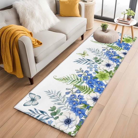 Blue Flowers 2'x6' Runner Rug for Hallway Walkway Kitchen Galley, White ...