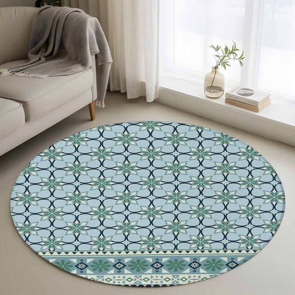 Blue Flowers 3ft Area Rug, Farmhouse Country Abstract Floral Patterned Washable Non-Slip Small Round Rugs for Entryway Bedroom Kitchen, Soft Circle Carpet for Dining Room, Playroom Nursery Rug