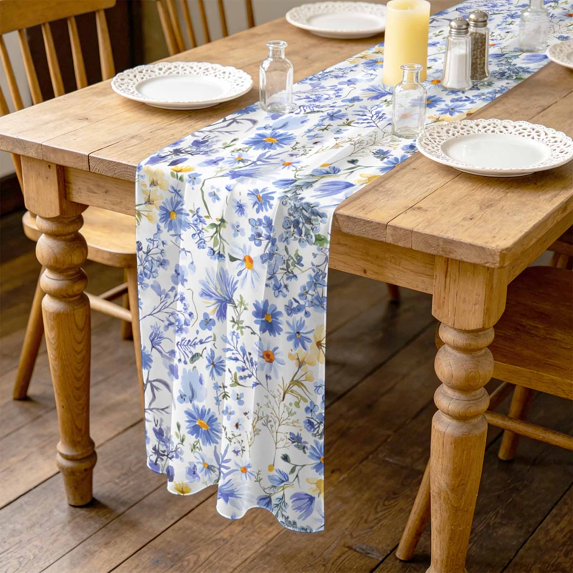 Blue Flowers 4.5ft Cheesecloth Table Runner for Dining 19"x55", Farmhouse Daisy Floral Kitchen Dinner Sheer Tulle Chiffon Dresser Scarf, Holiday Party Decorations