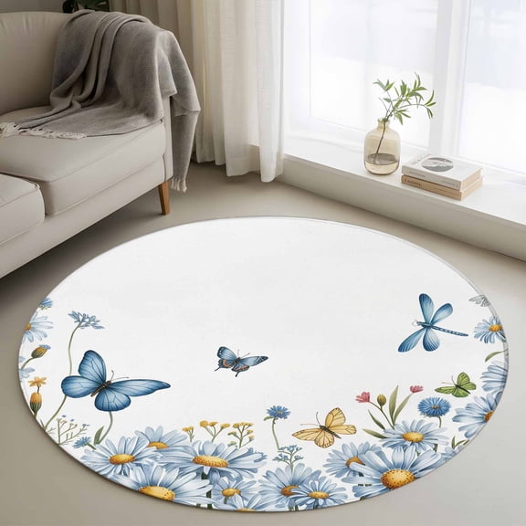 Blue Flowers 4' Round Rug for Cozy Reading Nook Home Office Chair Area, Daisy Butterflies Dragonfly Spring Plant Non Slip Circle Area Rug, Machine Washable Indoor Outdoor Mat