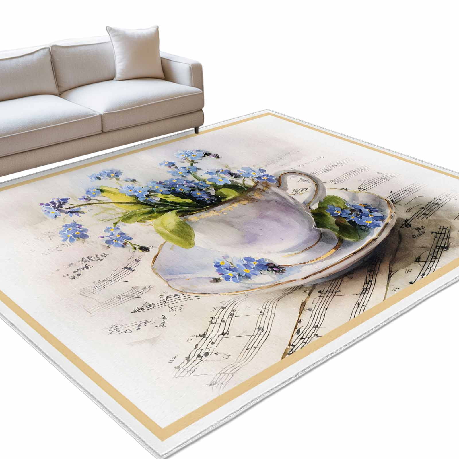 English Tea Rug Blue Flowers 4x6ft Non Slip Area Rug Tea Cups Spring Plant Musicals ...