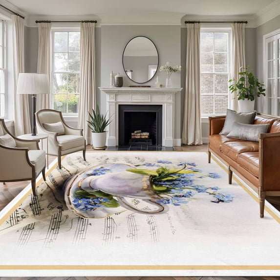 Blue Flowers 5'x7' Rug for Living Room Sofa and Coffee Table Layout ...