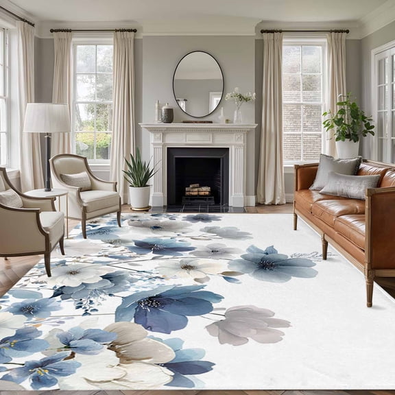 Blue Flowers 8'x10' Large Area Rug for Living Room Sectional Sofa, Country Watercolor Blue Grey Floral Washable Non Slip Low Pile Rectangle Area Rug