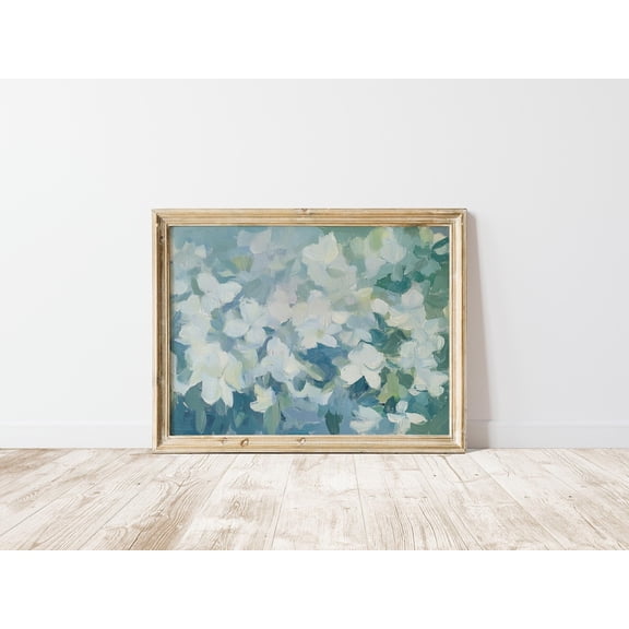 Blue Flowers Abstract Print, Spring, White Floral French Country Painting, Farmhouse Botanical Easter Decor Aesthetic Wall Art, Modern Wall Decor, 16x24 UNFRAMED