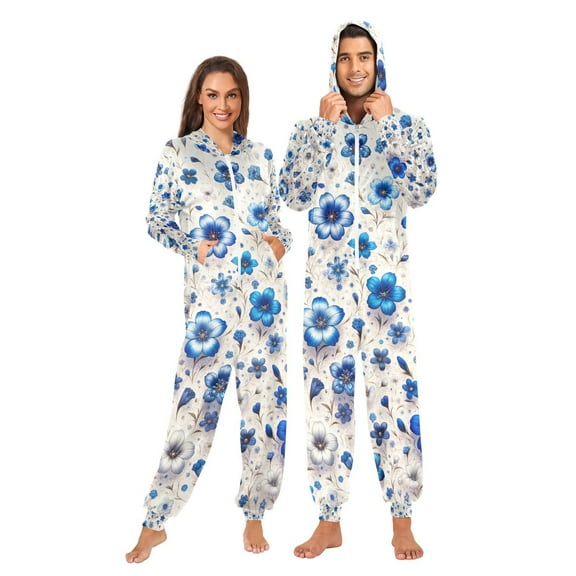Blue Flowers Adult Onesie Pajamas Slim Fit Christmas One Piece Suit Pjs for Women and Men Hooded Zipper