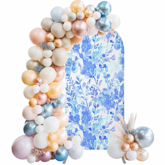 Blue Flowers Arch Backdrop Cover 6.6x3.3 Ft, Spandex Wedding Arch Stand Cover, Watercolor Summer Botanical Floral Round Top Stretch Fitted Background Covers for Birthday Ceremony Party Decor