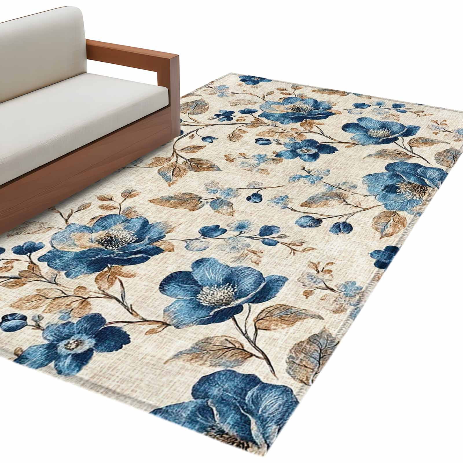 Blue Flowers Area Rug 3x5 Washable Rug Non Slip Spring Floral Brown ...