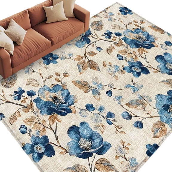 Blue Flowers Area Rug 6x9 Washable Rug Non Slip Spring Floral Brown Leaves Botanical Retro Beige Large Area Rug Soft Stainresistant Carpet for Living Room Bedroom Home Office Dining Room Nursery