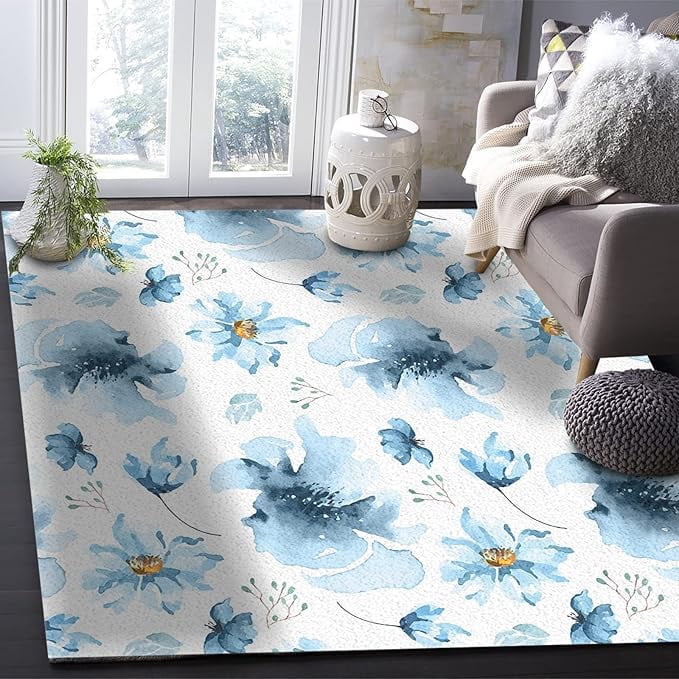Fairview Spring Blue Rug Blue Flowers Area Rug For Living Room Bedroom, Spring Watercolor Floral ...