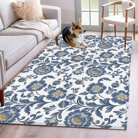 Blue Flowers Area Rugs 2.7'x5', Washable Small Throw Rugs for Kitchen Bedroom, Farmhouse Botanical Floral Patterned Indoor Outdoor Rug Non-Slip Low Pile Carpet Runner Reversible Floor Mats