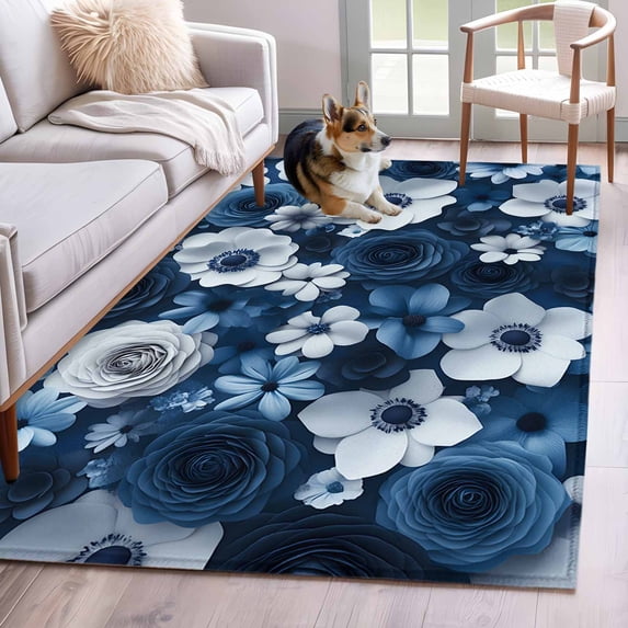 Blue Flowers Area Rugs 4x6 ft Spring Pastoral White Floral Washable Rug Non Slip Indoor Carpet Absorbent Floor Mat for Living Room Bedroom Dining Room