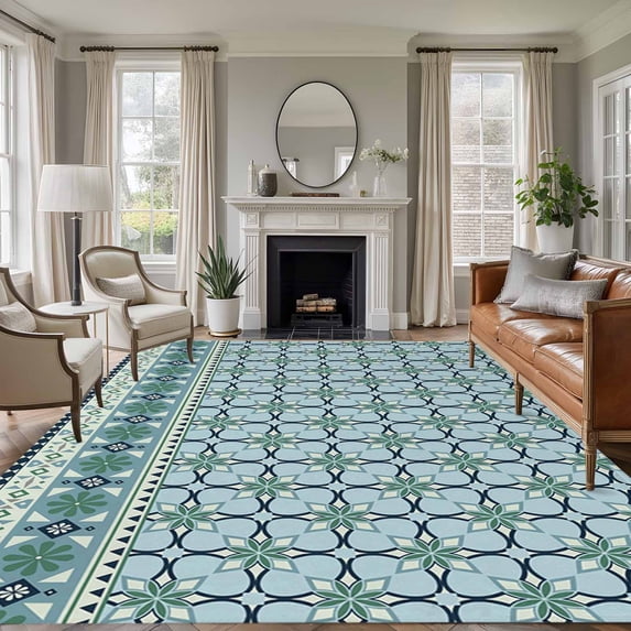 Blue Flowers Area Rugs 5'x8', Washable Small Throw Rugs for Classroom Bedroom, Farmhouse Country Abstract Floral Patterned Indoor Outdoor Rug Non-Slip Low Pile Carpet Runner Reversible Floor Mats
