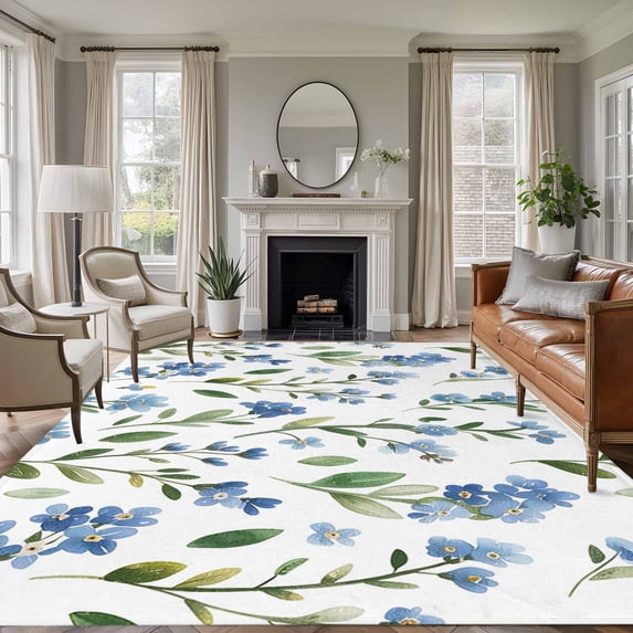 Blue Flowers Area Rugs 6'x9', Washable Small Throw Rugs for Kitchen Dining room, Spring Floral Farmhouse Leaves Rustic Indoor Outdoor Rug Non-Slip Low Pile Carpet Runner Reversible Floor Mats