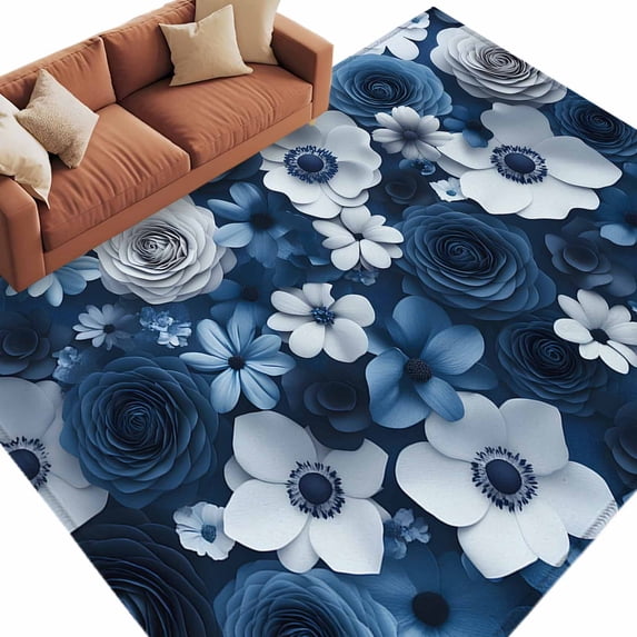 Blue Flowers Area Rug 5x7ft Spring Pastoral White Floral Non-Slip ...