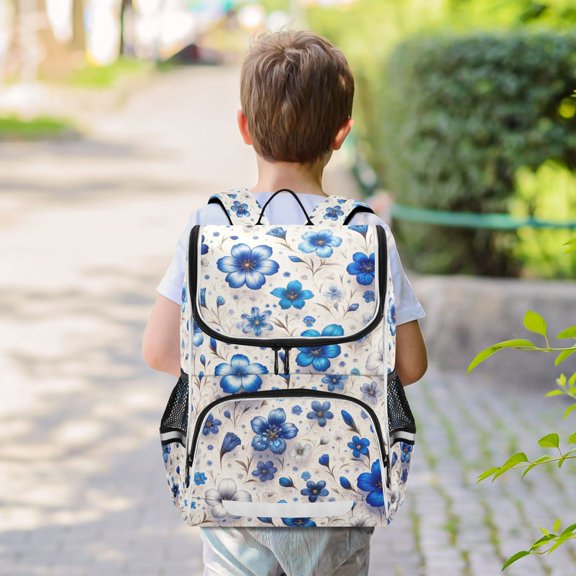 Blue Flowers Backpack Big Laptop Backpack Casual Daypack Quilted Large Capacity Large Bookbags