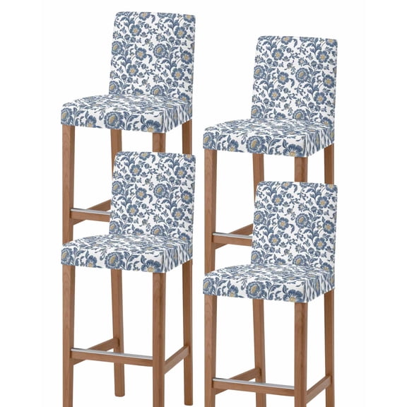 Blue Flowers Bar Stool Covers Set of 4, Farmhouse Botanical Floral Patterned Stretch Washable Bar Chair Covers with Backs, Removable Pub Counter Height Chair Cover for Kitchen Dining Room Cafe