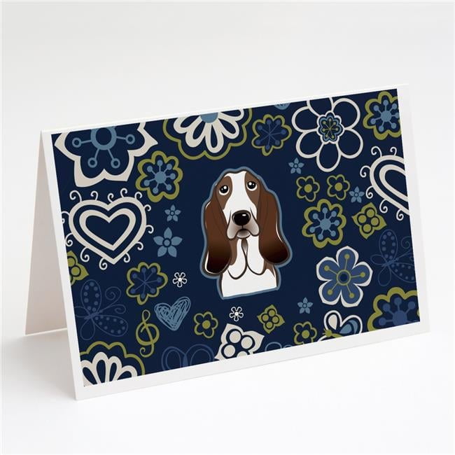 Blue Flowers Basset Hound Greeting Cards & Envelopes - Pack of 8