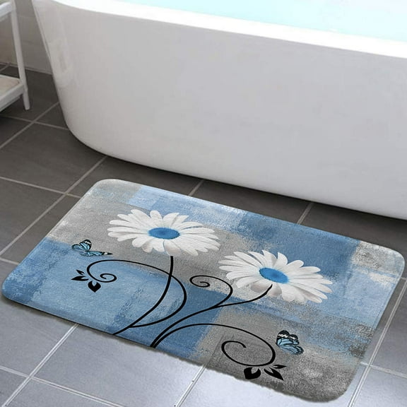 Blue Flowers Bath Rugs, Daisy Floral Rustic Farmhouse Country Wooden Non-Slip Doormat Floor Entryways Indoor Front Door Mat Bath Mat, Modern Minimalist Bathroom Accessories