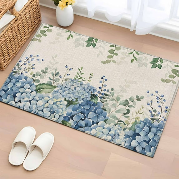 Blue Flowers Bathroom Rug Washable 2x3 Entryway Rug Non Slip Green Eucalyptus Floral Country Beige Front Door Mat Low Pile Indoor Doormat Throw Floor Carpet for Kitchen Bedroom Entrance