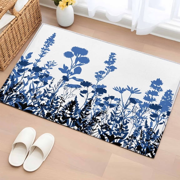 Blue Flowers Bathroom Rug Washable 2x3 Entryway Rug Non Slip Simple Spring Ombre Botanical Floral Front Door Mat Low Pile Indoor Doormat Throw Floor Carpet for Kitchen Bedroom Entrance