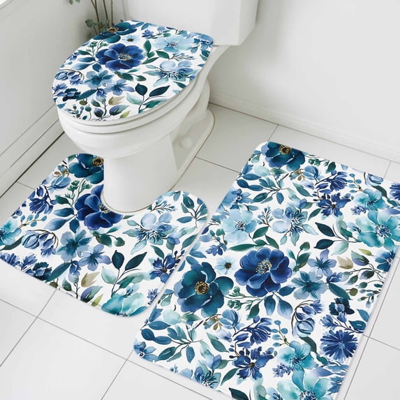 Blue Flowers Bathroom Rugs Set Abstract Art Non Slip Absorbent Soft ...