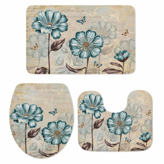 Blue Flowers Bathroom Rugs Set Vintage Country Spring Teal Tulip Floral Butterfly Non Slip Absorbent Soft Bath Mats 3 Piece Set with Bathroom Rug, U-Shaped Floor Mat, Toilet Seat Cover Small Size