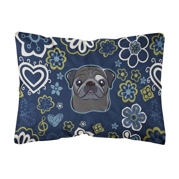 Blue Flowers Black Pug Canvas Fabric Decorative Pillow